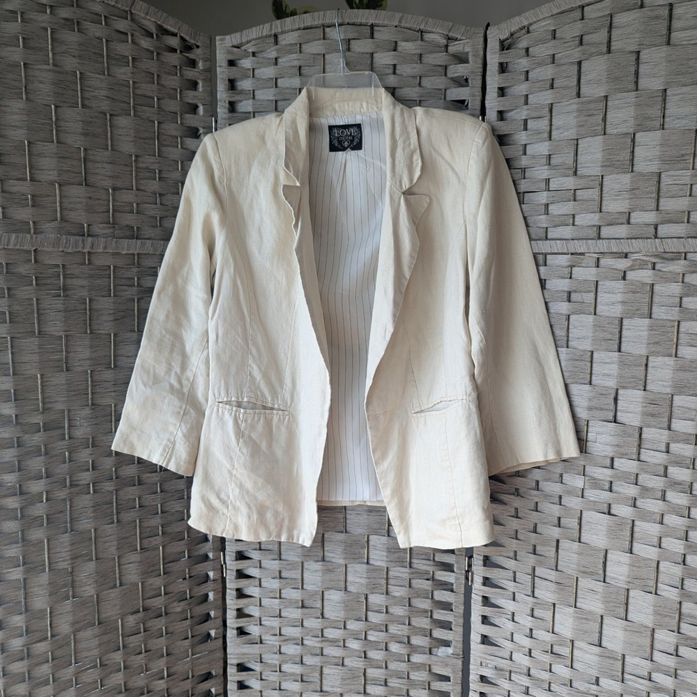 Blazer Cream 100% Linen 3/4 Sleeve Sz L Office Quiet Luxury *No Front Button